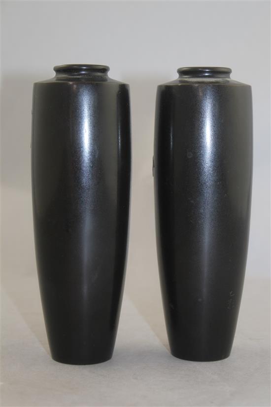 A pair of Japanese bronze and silver overlaid vases, Meiji period, by Hattori, 16.5cm